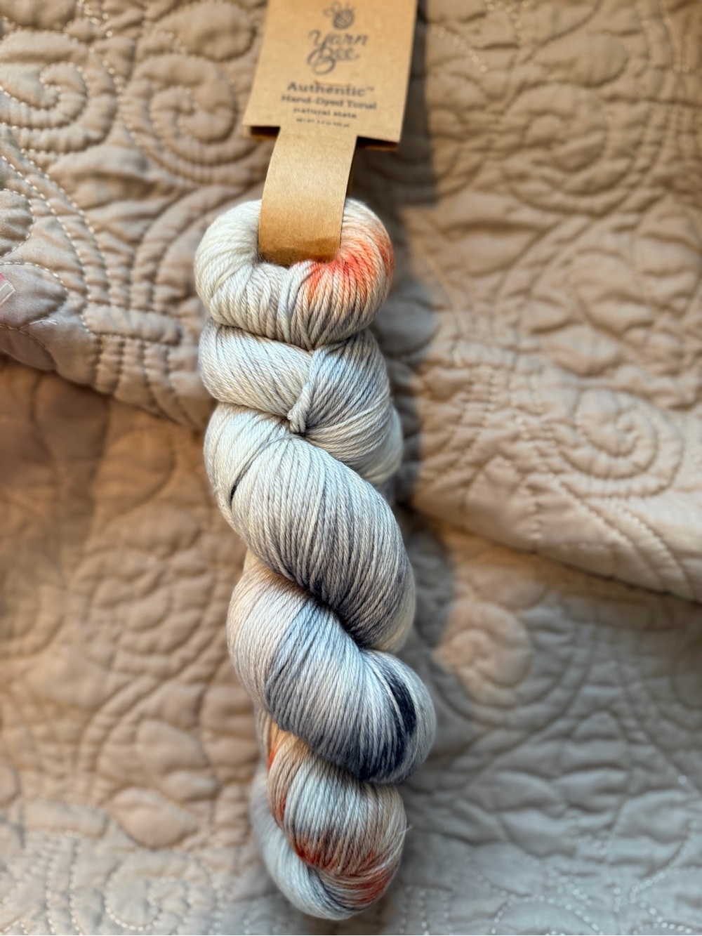 Your Bee Hand-Dyed Yarn Skein in Cream with Orange and Gray Accents